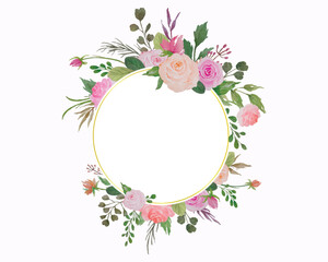 Watercolor Floral Border, Flowers Frame with Roses and Green Leaves Illustration