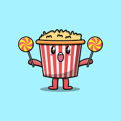 Cute cartoon Popcorn character holding lollipop candy in flat cartoon illustration
