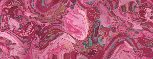 Beautiful Magenta and Pink Liquid Swirls with Gold Powder. Elegant Art Banner.