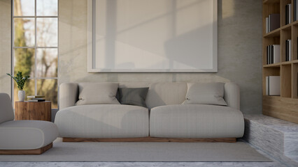 Cozy and comfortable living room with comfy couch and large frame mockup on white wall