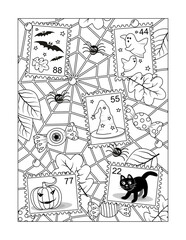 Coloring page with Halloween postage stamps, spiderweb and spiders, candy, falling autumn leaves, pumpkin, black cat, bats, ghosts

