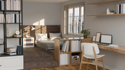 Minimal and comfortable home or apartment bedroom with workstation interior design © bongkarn