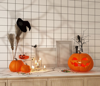 halloween decoration at kitchen with jack-o-lantern,pumpkins,candle,candy,empty frame,broom,black bird and witch hat on marble counter 3d render