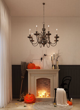 halloween decoration in living room with pumpkin ,jack-o-lantern, empty frame,candel on fireplace and wooden , chair, witch hat,pendant in living room 3d render