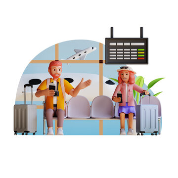 couple of tourist sitting with passports and tickets carrying a suitcase and talking each other, 3d character illustration