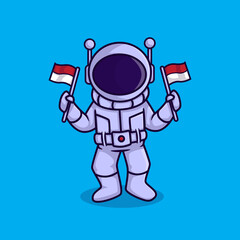 Astronaut flat cartoon character holding indonesian flag