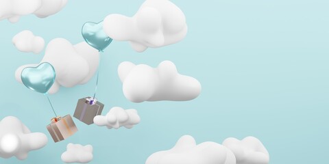 Background image of balloons and gift boxes floating in the blue sky on a cloudy day new year card birthday card 3d illustration