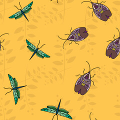 Seamless Pattern with Colorful Bugs Insects.