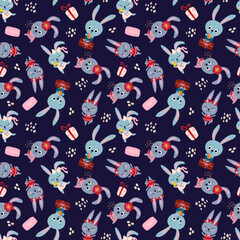 Seamless pattern with cute bunnies. Party with gifts and crackers. Design for fabric, textile, wallpaper, packaging.