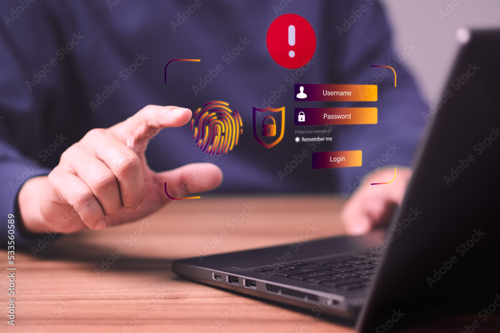Poster Man typing login and password, cyber security concept, Secure encryption and access to the user's private information to access the Internet. exclamation mark.