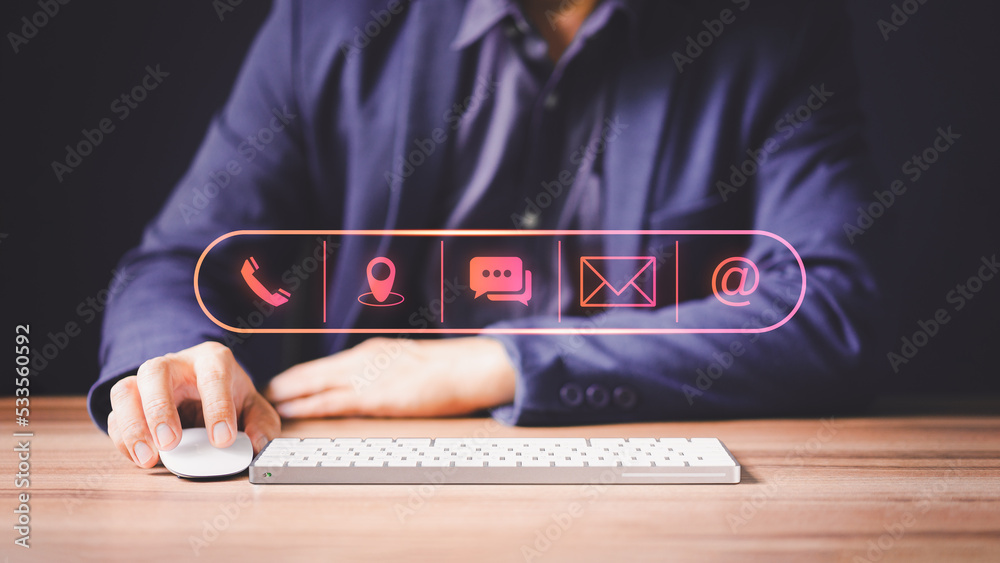 Poster businessman using a computer with the call phone, map, address, chat message and email icons. custom