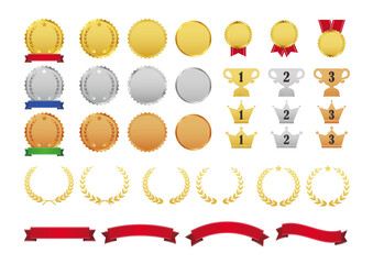 ランキングのメダル・トロフィー・王冠などの素材セット（背景透過）