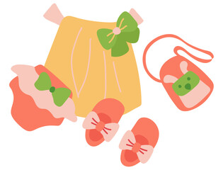 Cute dress with sandals, purse and panties for baby. White background, isolate. vector illustration.