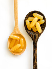 	
Royal jelly capsules in wooden spoon white background
