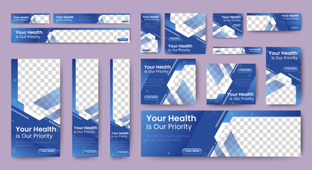 Medical Health banner design web template Set, Horizontal header web banner. Gradient Blue. cover header background for website design, Social Media Cover ads banner, flyer, invitation card