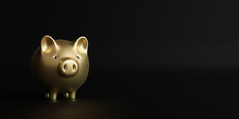 concept of a business save money gold piggy bank or pig bank and coin on black background. 3d illustration