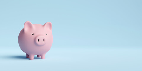 concept of a business save money piggy bank or pig bank on blue background. 3d illustration