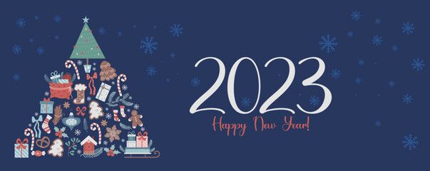 2023 Happy New Year. Horizontal banner with Christmas tree from traditional symbols and festive decor on blue background with snowflakes. Vector illustration. Modern Greeting card template.