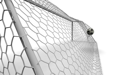 Fototapeta premium White-Black Soccer Ball in the Goal Net under white background. 3D illustration. 3D CG. 3D Rendering. High resolution. PNG file format.