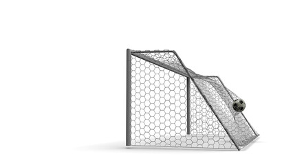 White-Black Soccer Ball in the Goal Net under white background. 3D illustration. 3D CG. 3D Rendering. High resolution. PNG file format.