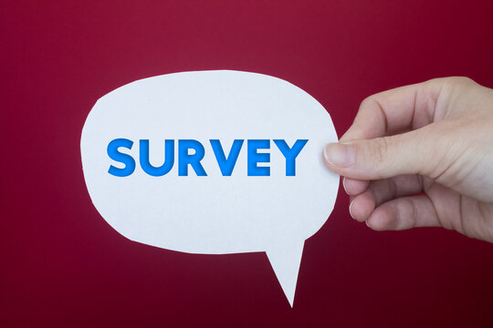 Speech bubble in front of colored background with Survey text.