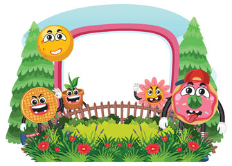 Fototapeta premium Funny food cartoon character in garden banner