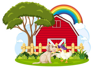 Farm barn with tree and rainbow