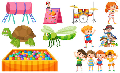 Set of cute kids and objects