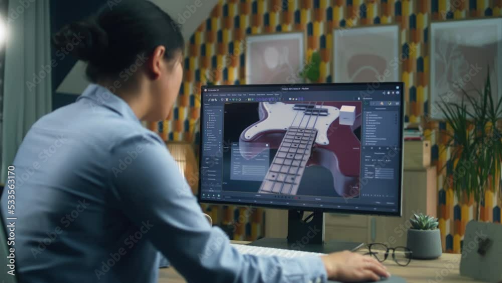 Poster woman designing 3d prototype of electric guitar using modern personal computer with 3d modeling prog