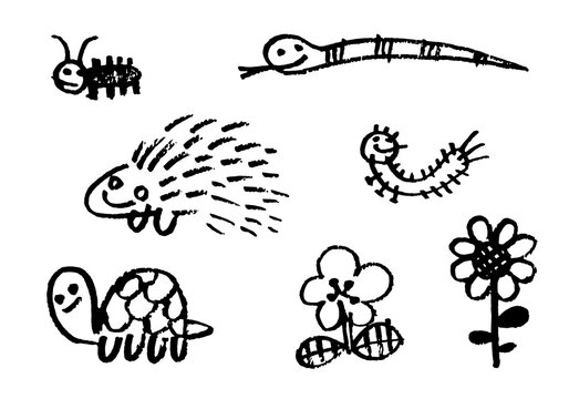 子供の落書き風スケッチ:小動物とお花