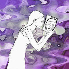 Ilustracja sylwetka młodej kobiety przeglądającej się w lustrze