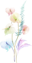 Tropical Exotic Floral Bouquet Green Leaf Boho Pastel Watercolor Ethereal Jungle