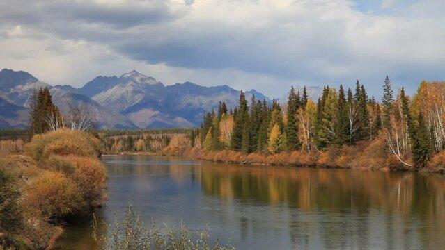 Autumn landscape with yellowed bushes and forest along banks of Irkut River against backdrop of mountain range of Eastern Sayans on cloudy day in September. Baikal region, Buryatia, Tunka  valley