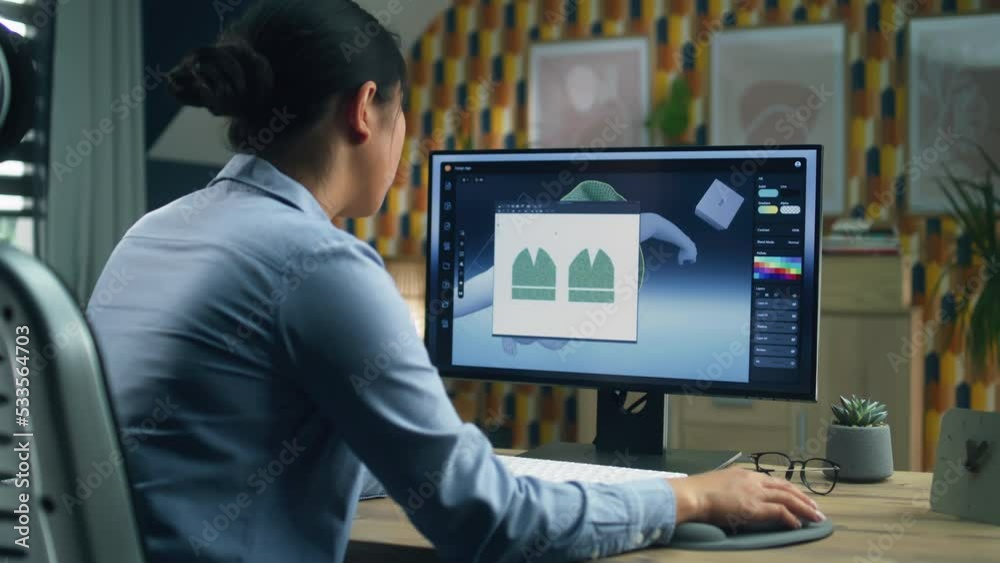 Poster female designer creating 3d visualization of clothes using computer and professional software while 