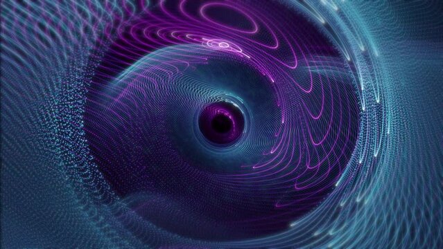 Abstract spiral linear animation appears on black, swirls and revolves, then fades. 