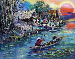 Art painting Oil color Floating market Thailand