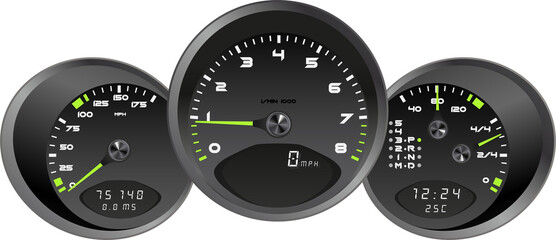 3d illustration, dashboard car speedometer, steering wheel realistic 3d icon