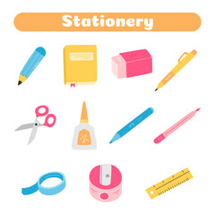 stationery for school set flat design vector illustration