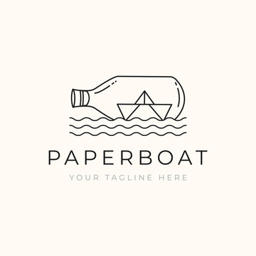 Paper boat line art logo vector illustration design, paperboat and bottle symbol design