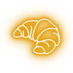 Neon yellow croissant icon, glowing gold croissant with transparent background