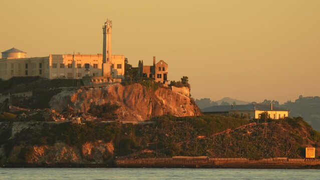 Iconic landmark Alcatraz prison from San Francisco in a 4K video filmed during the sunrise. 