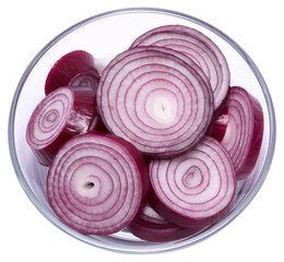 Sliced Red Onion in glass bowl isolated on white background
