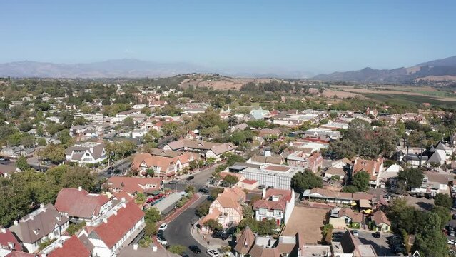 Wide panning aerial shot of the unique Danish village of Solvang in Central California. 4K