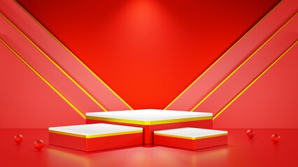 red podium with white neon lights abstract background cosmetic product display, podium or stage, 3D display
