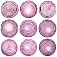 round slices of red onion isolated on white background