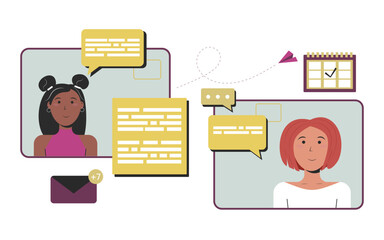 Women using laptops for sending messages to each other via internet messenger. Communication via Internet, social networking, chat. Flat vector illustration.  Young people. 
