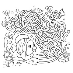 Maze or Labyrinth Game. Puzzle. Tangled road. Coloring Page Outline Of cartoon fishes. Underwater world. Coloring Book for kids.