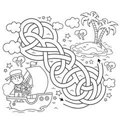 Maze or Labyrinth Game. Puzzle. Tangled road. Coloring Page Outline Of cartoon sail ship with sailor. Sea travelling. Coloring book for kids.