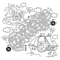 Maze or Labyrinth Game. Puzzle. Tangled road. Coloring Page Outline Of cartoon pirate ship with treasure island. Coloring book for kids.
