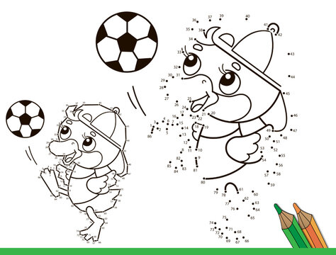 Puzzle Game for kids: numbers game. Coloring Page Outline Of cartoon duck or duckling with soccer ball. Football. Sport. Coloring Book for children.